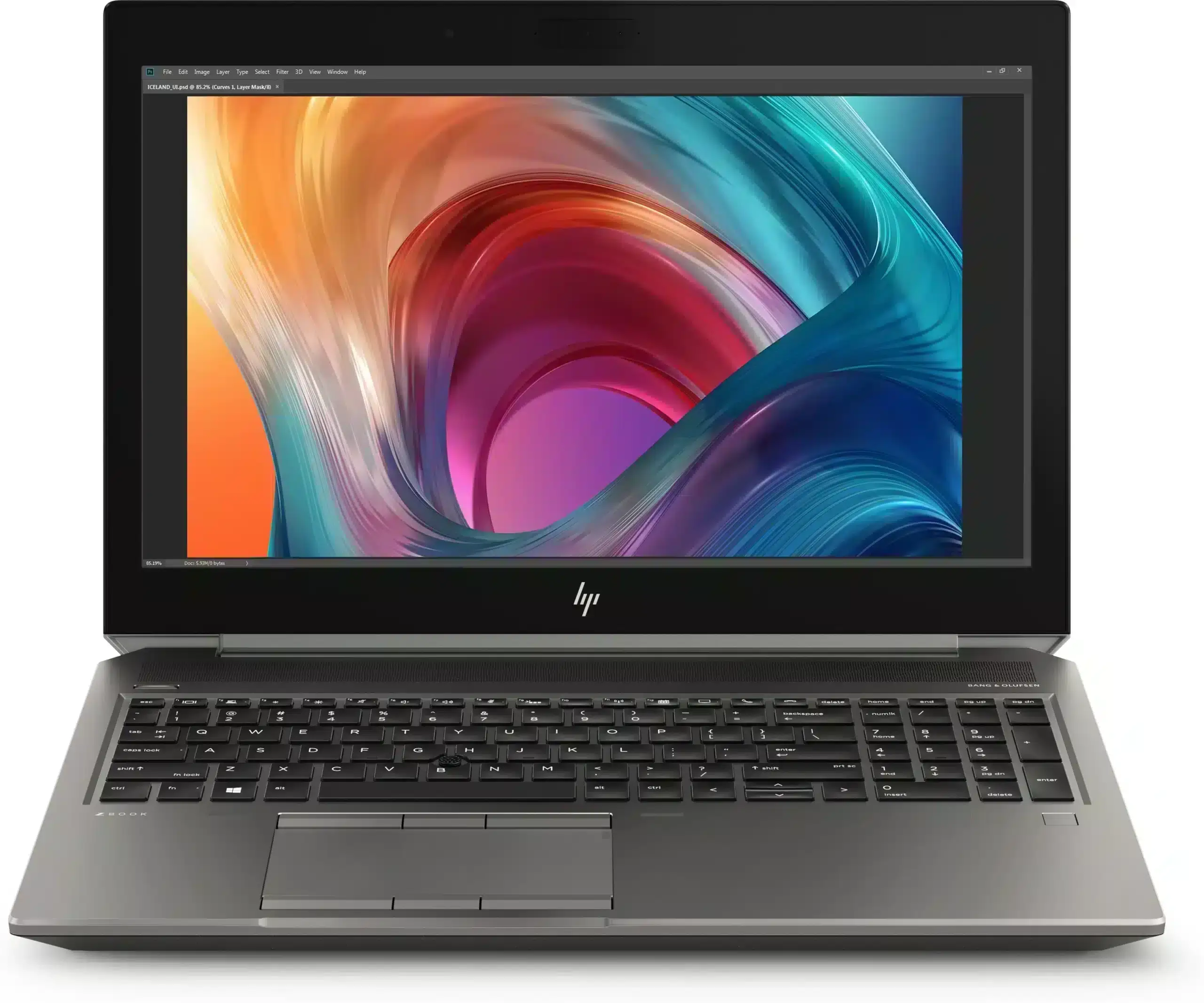 HP Zbook 15 G6 - i9 9880H - 64GB - 1TB NVME SSD - 15,6" - Windows 11, vooraanzicht met geopend beeldscherm waarop een kleurrijke abstract afbeelding wordt getoond in een grafische bewerkingstoepassing