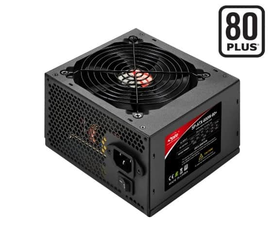 Spire EagleForce 600W 80+ power supply unit shown from front angle, displaying black metal casing with ventilation holes, large cooling fan with red center, power input port, and 80+ certification badge in top right corner