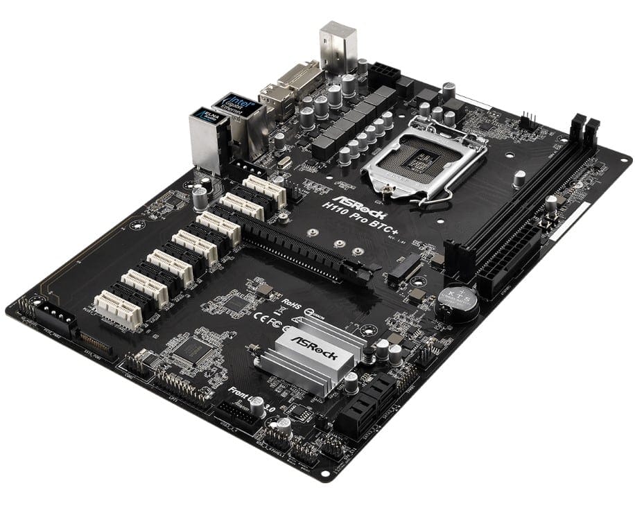ASRock H110 Pro BTC+ socket 1151 moederbord bovenaanzicht met CPU-socket, RAM-slots, Power Delivery-componenten en uitgebreide PCIe-slots voor cryptocurrency mining