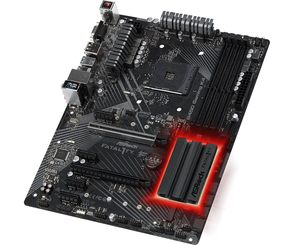 Asrock Fatal1ty B450 Gaming K4 AM4 ATX Motherboard, angled top-down view showing CPU socket, power delivery heatsinks, RAM slots, and illuminated PCIe slot in red