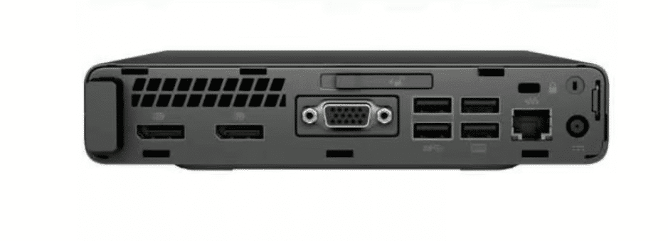 HP EliteDesk 800 G3 35W Mini PC achterkant met poorten: DisplayPort, HDMI, VGA, USB-poorten, netwerkpoort en stroomconnector