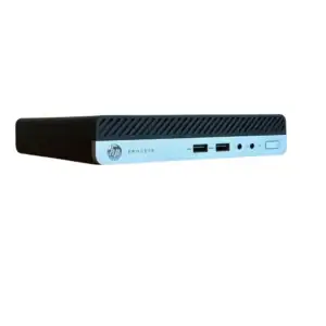 HP ProDesk 400 G4 Mini PC front view showing light blue chassis with black cover and port connectivity panel