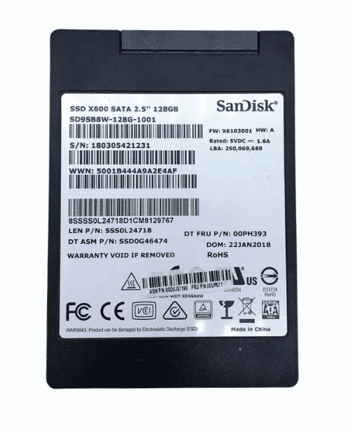 Sandisk X600 SATA 2.5" 128GB SSD - label zijde met specificaties, serienummer en certificeringen