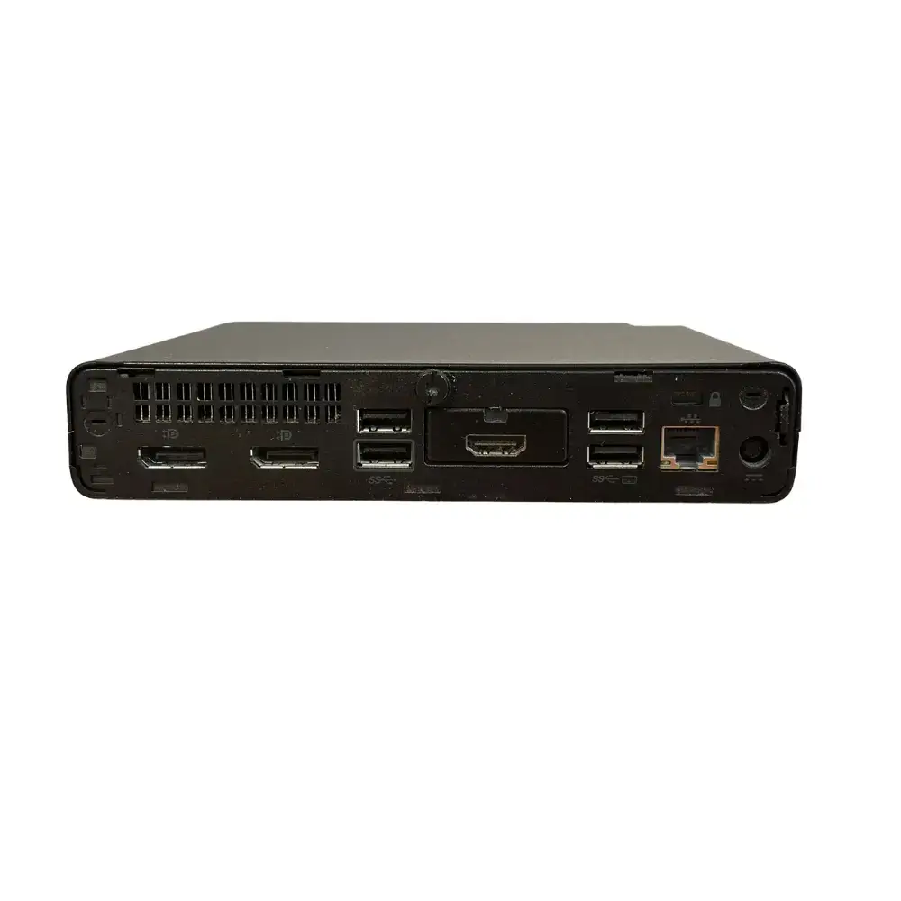HP EliteDesk 800 G4 Mini 35W PC i3-8300t - 8GB - 512GB SSD - Windows 11, achterkant met aansluitingen (USB, HDMI, DisplayPort, Ethernet)