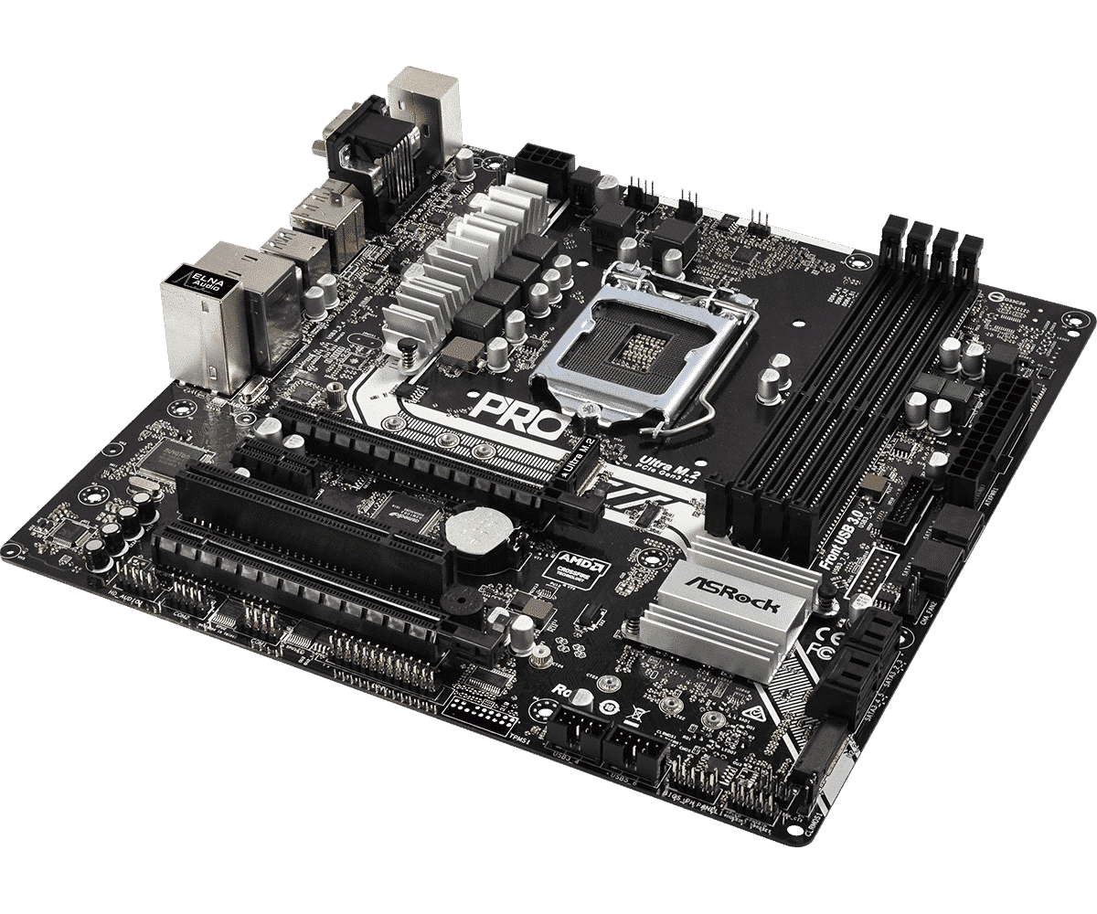 ASRock B250M Dash LGA1151 Motherboard top view showing CPU socket, power delivery heatsinks, RAM slots, and expansion slots on black PCB