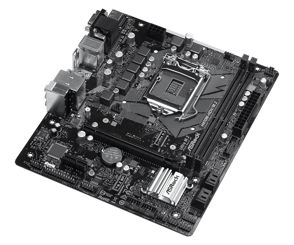 Asrock H410M-HDV/M2 Socket 1200 moederbord bovenaanzicht met CPU-socket, RAM-slots, SATA-poorten en voedingscomponenten