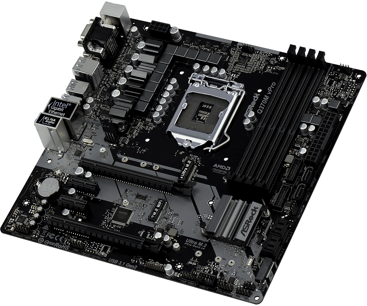 ASRock Q370M-Vpro LGA1151 Motherboard top view showing CPU socket, power delivery phases, memory slots, and I/O connectors