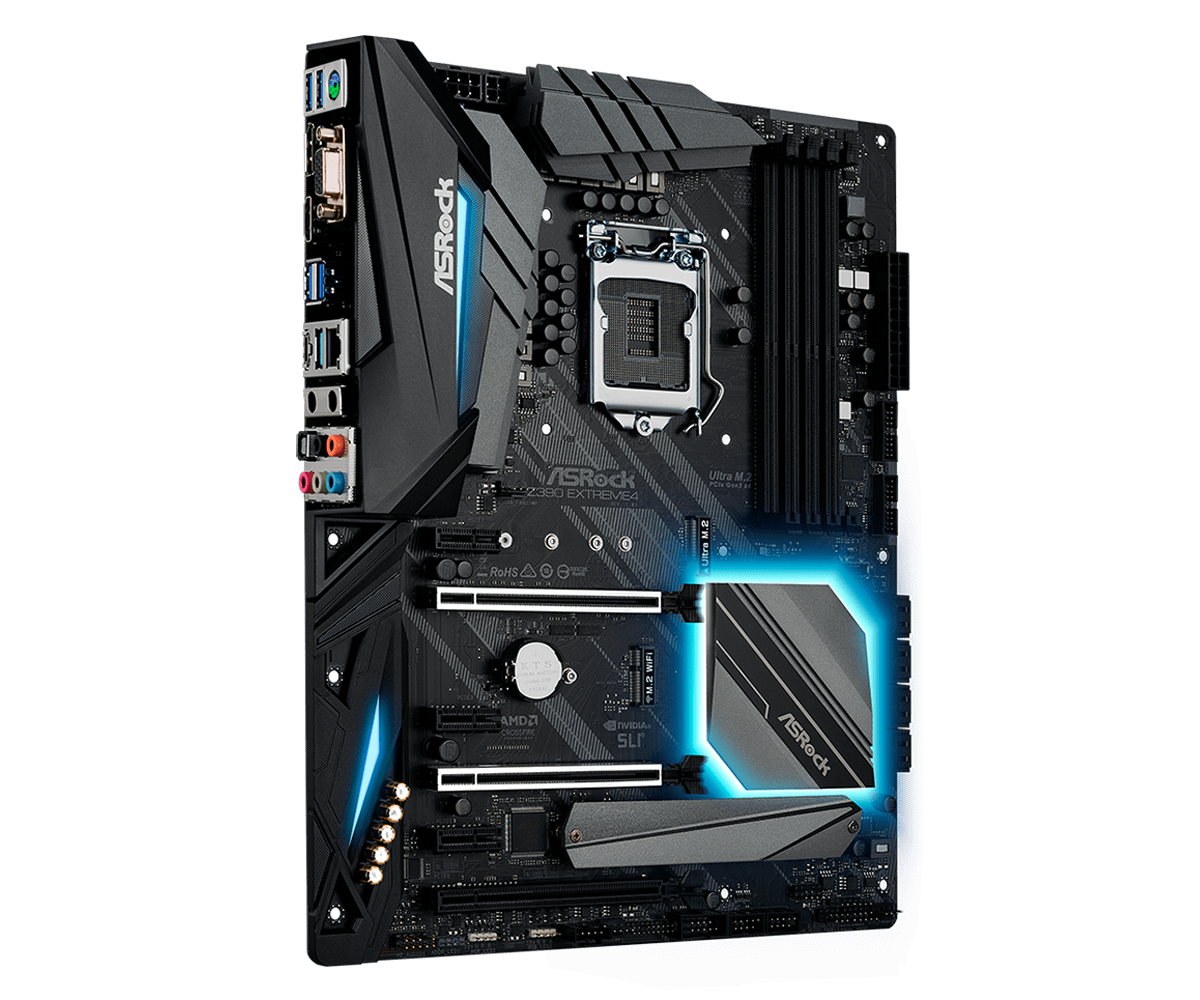 ASRock Z390 Extreme4 Socket 1151 moederbord, front view met blauwe RGB-verlichting, CPU-socket en RAM-sloten zichtbaar