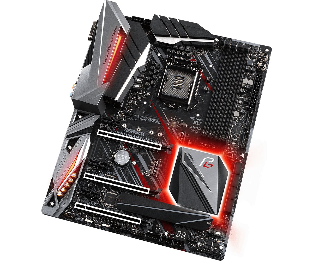 ASRock Z390 Phantom Gaming 6 Socket 1151 moederbord - bovenaanzicht met rode RGB-verlichting en aangebrachte CPU-koeler