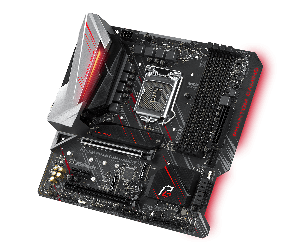 ASRock B365M Phantom Gaming 4 Socket 1151 moederbord - bovenaanzicht met rode RGB-verlichting geactiveerd