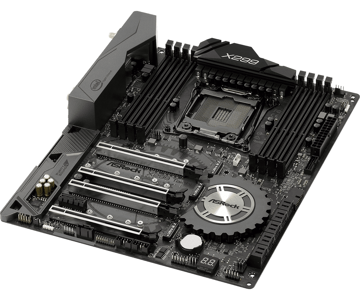 ASRock X299 Taichi LGA2066 motherboard, top view showing CPU socket, heatsinks, expansion slots, and power connectors