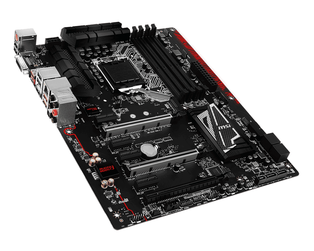 MSI Z170A Gaming Pro Carbon motherboard top view showing CPU socket, RAM slots, power connectors, and heatsinks with red accents