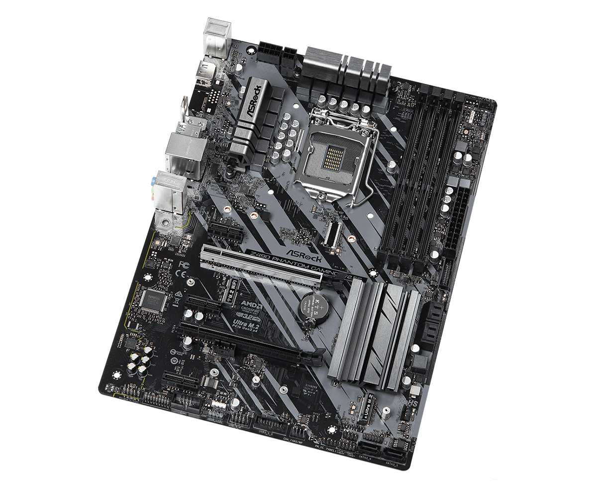 Asrock Z490 Phantom Gaming 4/2.5G Socket 1200 moederbord bovenaanzicht met CPU-socket, RAM-slots, uitbreidingssleuven en stroomvoorziening zichtbaar