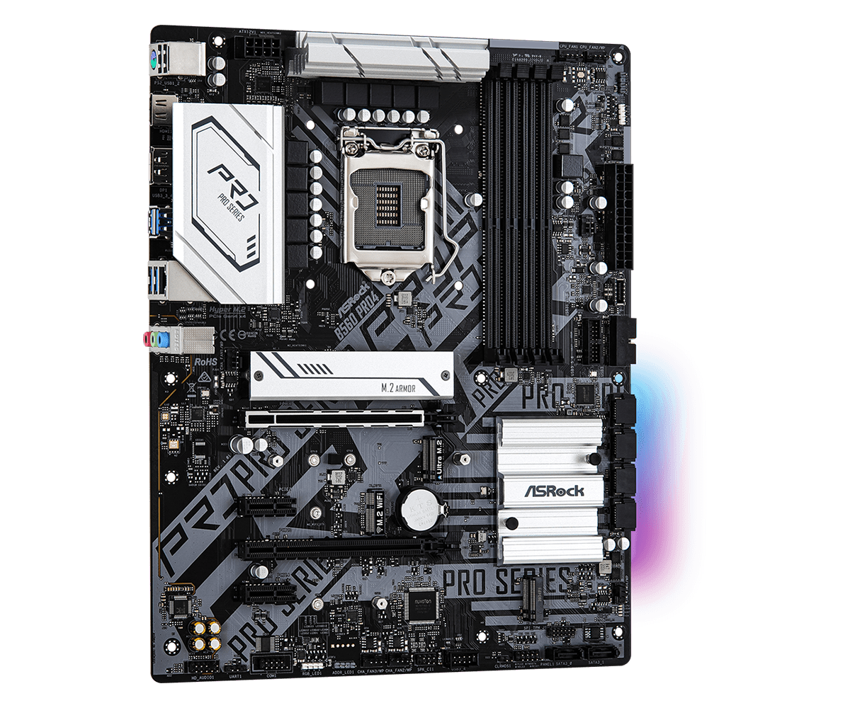 Asrock B560 Pro RS LGA1200 motherboard top view showing CPU socket, RAM slots, M.2 armor slot, power delivery components, and PCIe slots