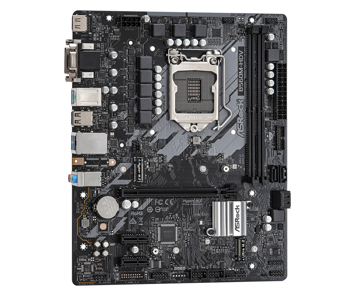 Asrock B560M-HDV LGA1200 motherboard top view showing CPU socket, RAM slots, power connectors, and PCIe slots