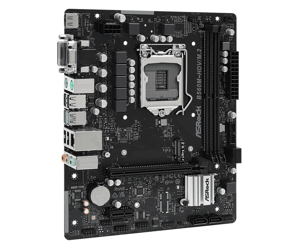 Asrock B560M-HDV/M2 LGA1200 motherboard top view showing CPU socket, RAM slots, power connectors, and PCIe slots