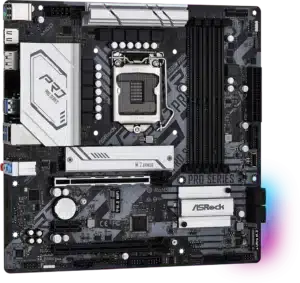 Asrock B560M Pro4 LGA1200 moederbord bovenaanzicht met socketgebied, RAM-slots, power delivery componenten en uitbreidingsslots zichtbaar