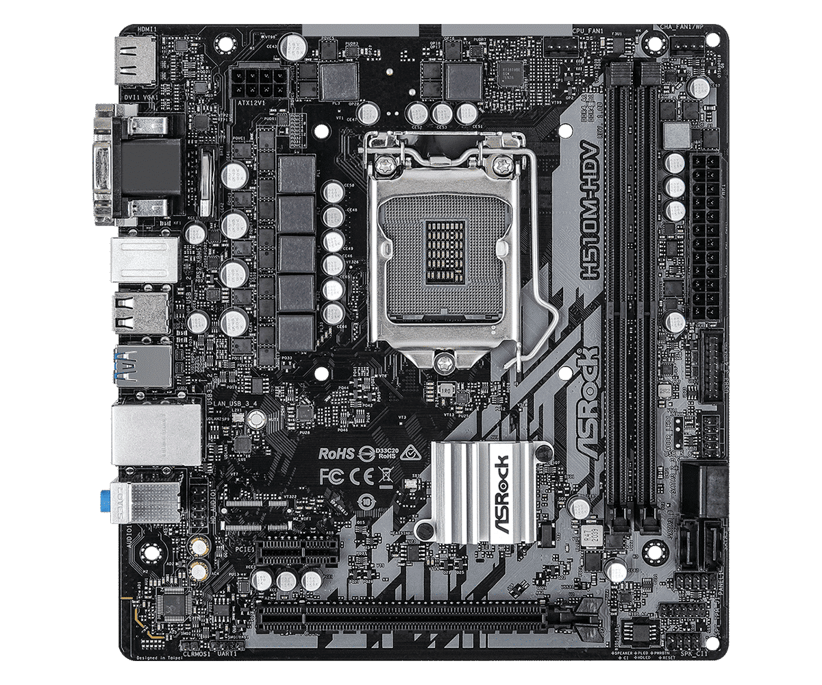 Asrock H510M-HDV Socket 1200 moederbord bovenaanzicht, volledig uitgelegd met CPU-socket, RAM-slots, voedingsconnectors en uitbreidingsslots zichtbaar