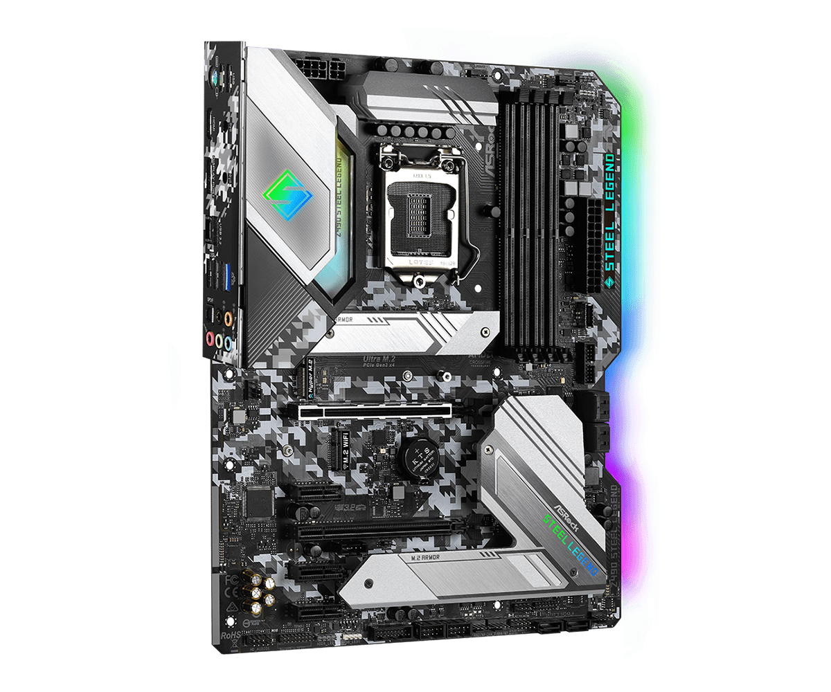 Asrock Z490 Steel Legend Socket 1200 motherboard front view showing CPU socket, RAM slots, M.2 slots, and power connectors with black and white digital camouflage design and RGB lighting accents