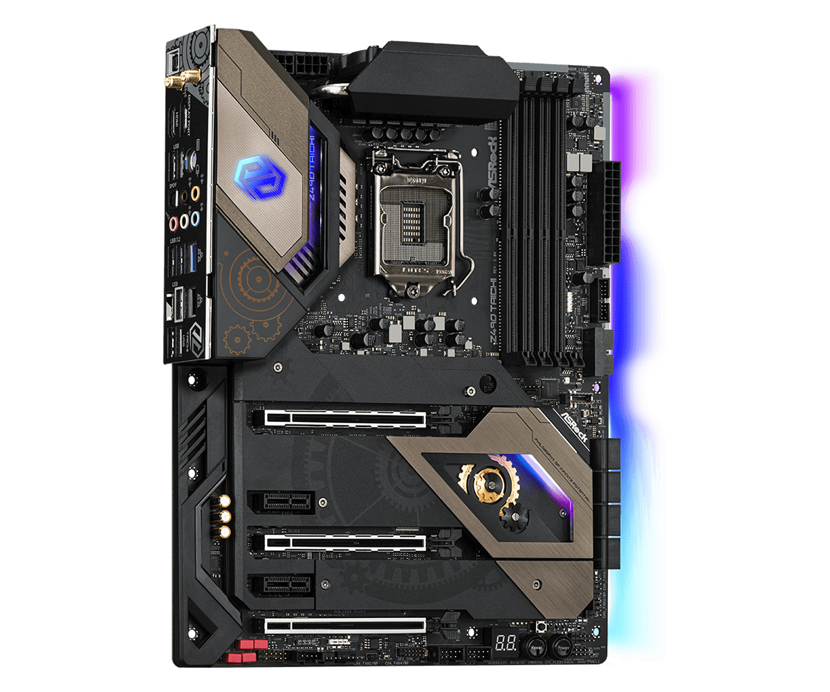 Asrock Z490 Taichi Socket 1200 motherboard, top-down view showing the full PCB layout with CPU socket, RAM slots, PCIe slots, power delivery components, and decorative heatsinks with blue RGB lighting accents