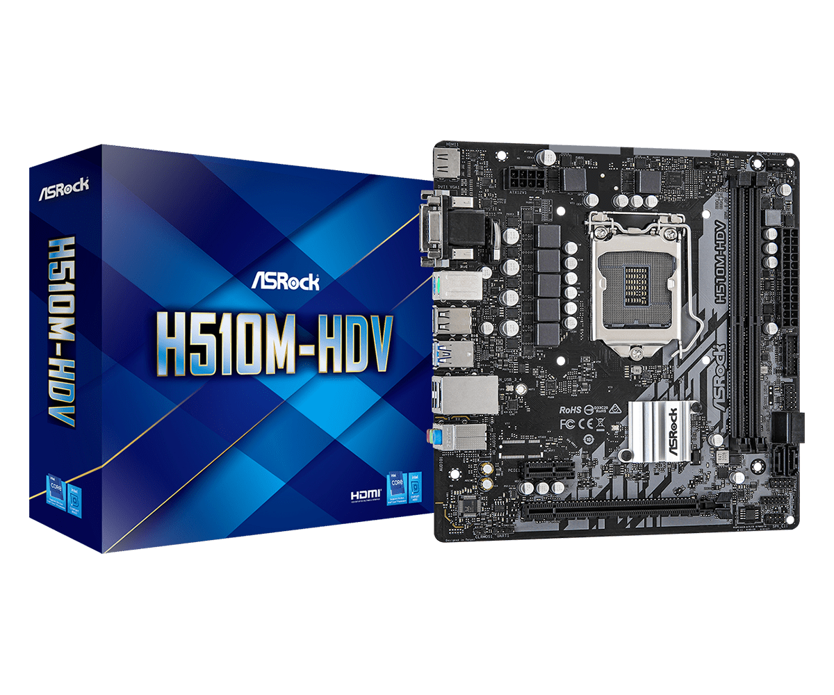 ASRock H510M-HDV Socket 1200 Retail - Verpakking en moederbord bovenaanzicht met CPU-socket, RAM-slots en uitbreidingssleuven zichtbaar