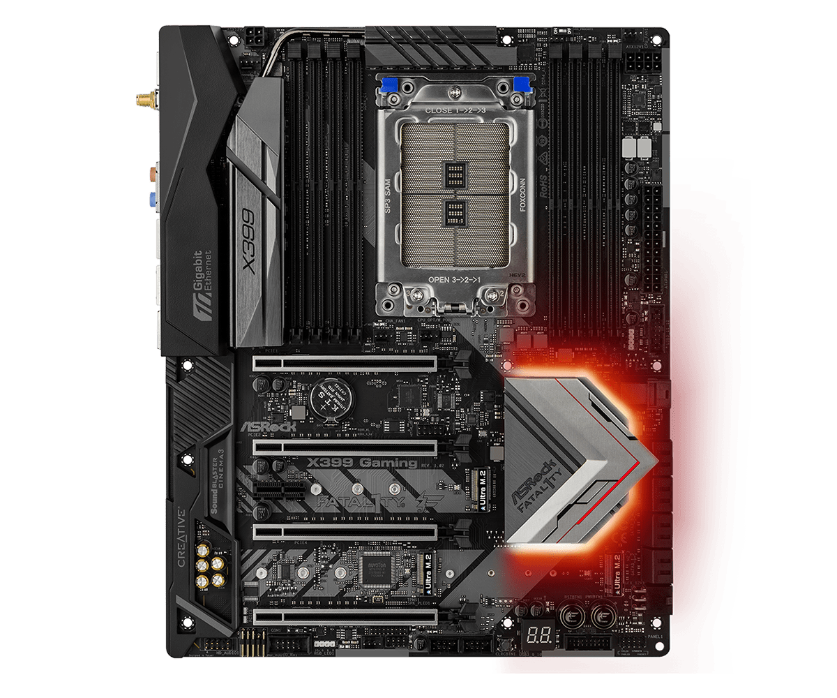 ASRock Fatal1ty X399 Professional Gaming TR4 motherboard top view showing CPU socket, RAM slots, PCIe slots, and power delivery components with red lighting accent