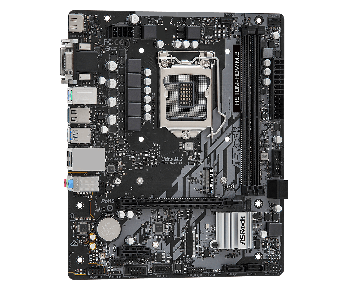 Asrock H510M-HDV/M.2 Socket 1200 motherboard top view showing CPU socket, RAM slots, power connectors, and PCIe M.2 slot