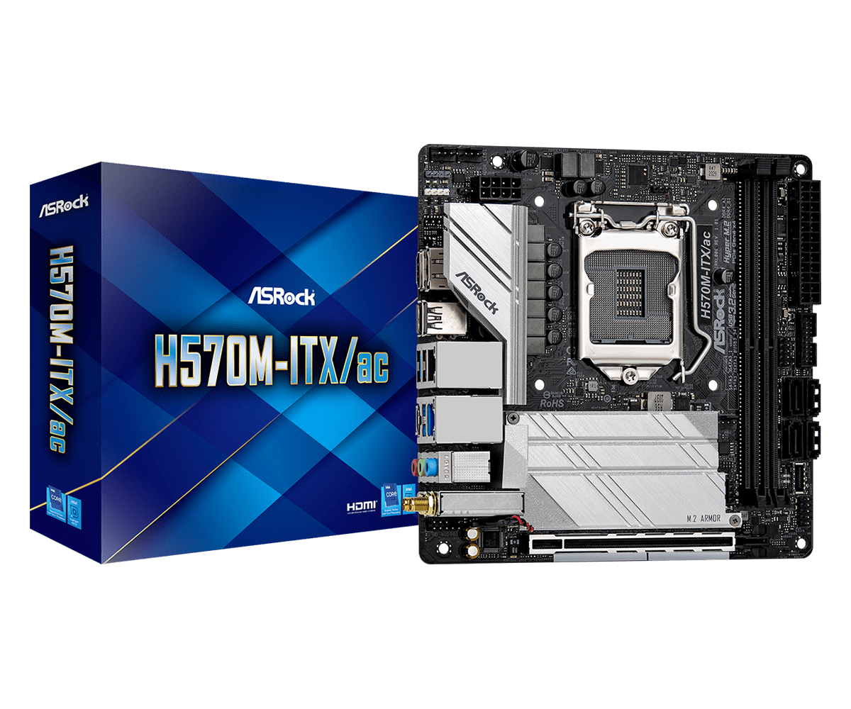 ASRock H570M-ITX/ac Socket 1200 Retail - productafbeelding met verpakking en moederbord bovenaanzicht