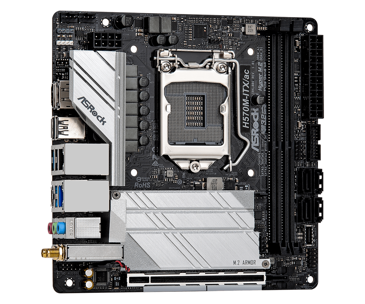 ASRock H570M-ITX/ac Socket 1200 moederbord bovenaanzicht met LGA1200 CPU-socket, M.2 ARMOR-sleuf, RAM-sleuven, voedingsconnectoren en I/O-aansluitingen