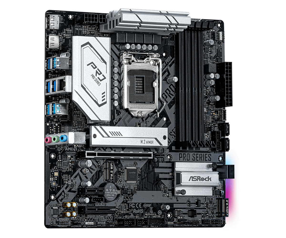 Asrock H570M Pro4 Socket 1200 moederbord bovenaanzicht, toont CPU-socket, RAM-slots, M.2-armor, VRM-koellichaam, USB 3.0-headers en PCI-Express-slots