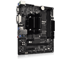 ASRock J4005M Moederbord - bovenaanzicht met geïntegreerde J4005 processor, RAM-sleuven, PCIe-slots en aansluitingen zichtbaar