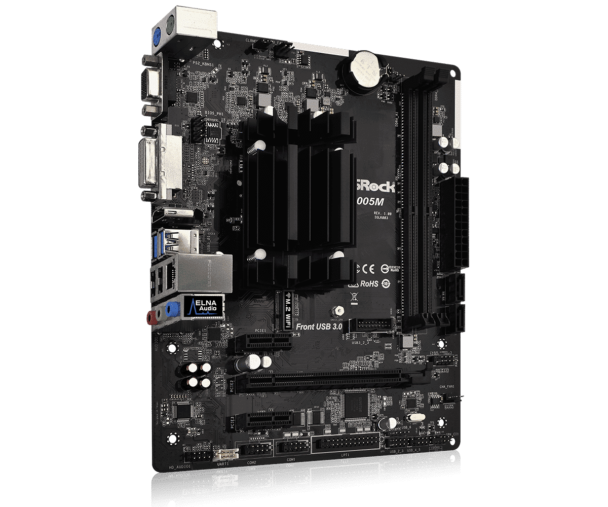 ASRock J4005M Motherboard front view showing black PCB with CPU socket, RAM slots, VGA and DVI ports, USB headers, and ELNA audio component