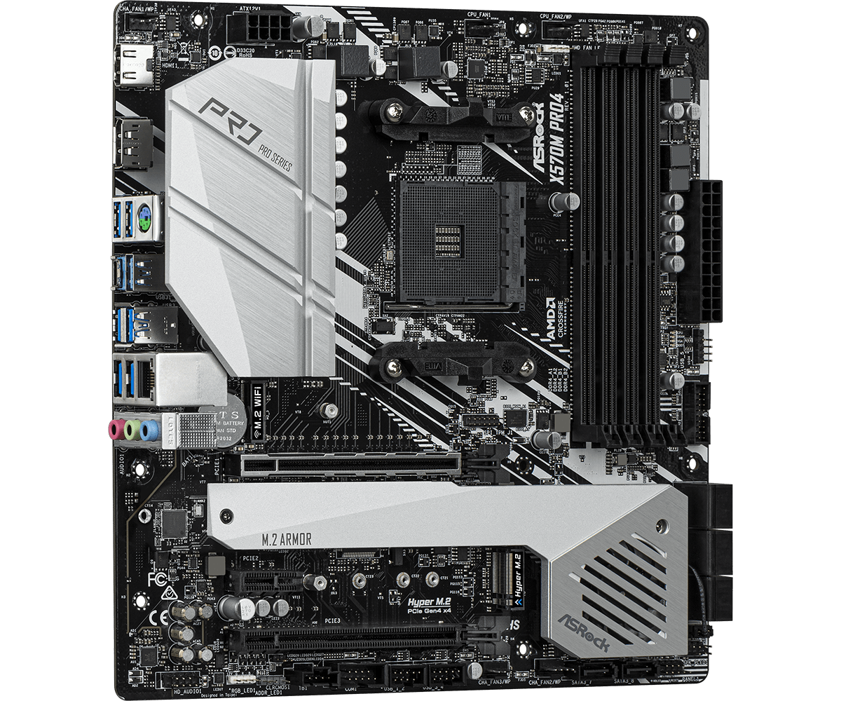 ASRock X570M Pro4 AMD AM4 motherboard - top view showing CPU socket, RAM slots, M.2 armor, power connectors, and rear I/O ports