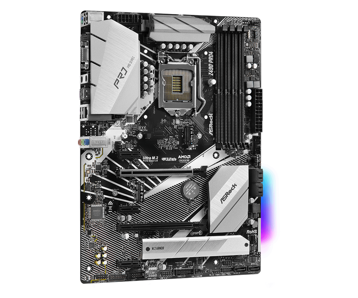Asrock Z490 Pro4 LGA1200 motherboard top view showing CPU socket, RAM slots, power delivery components, M.2 slot, and PCIe expansion slots
