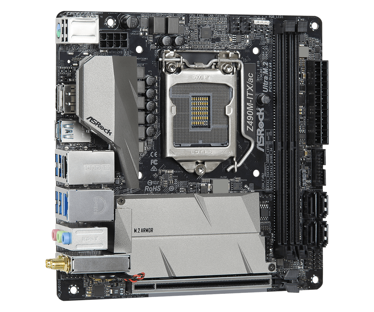 ASRock Z490M-ITX/ac Socket 1200 moederbord bovenaanzicht met CPU-socket, RAM-slots, M.2 ARMOR-behuizing en I/O-aansluitingen