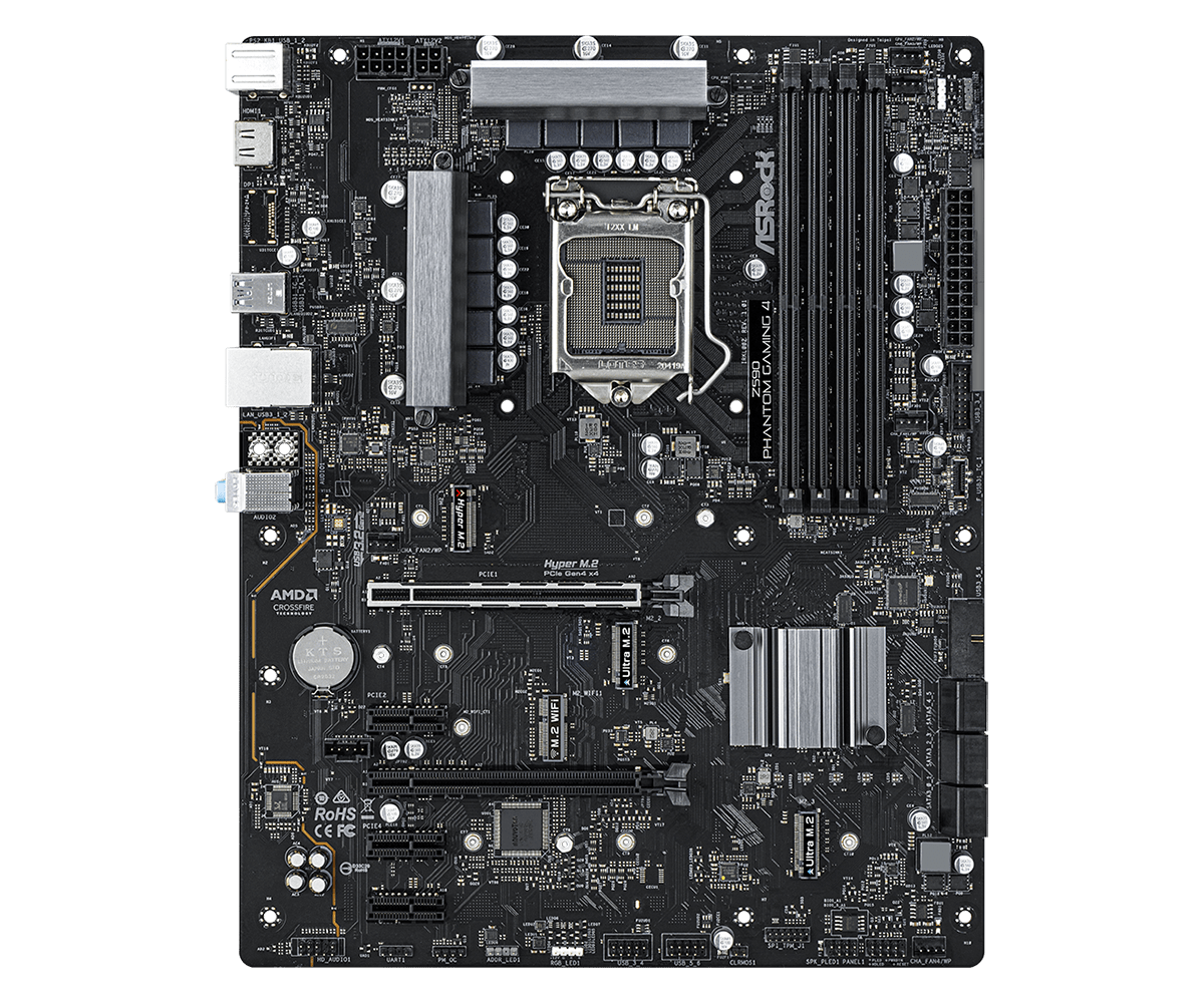 Asrock Z590 Phantom Gaming 4 Socket 1200 - bovenaanzicht van de moederbord met CPU-socket, RAM-sloten, uitbreidingssloten en voedingsconnectoren
