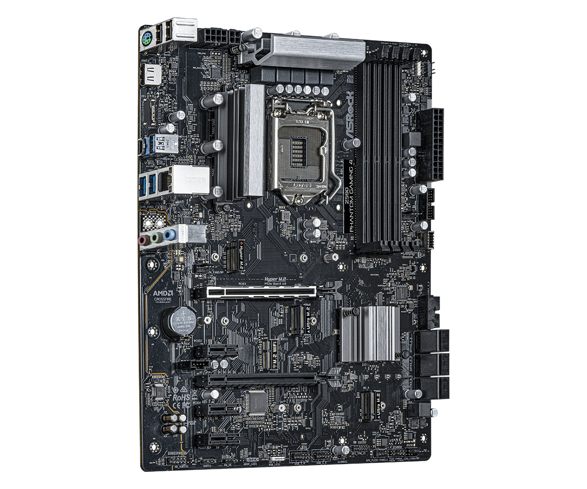 Asrock Z590 Phantom Gaming 4 Socket 1200 - bovenaanzicht moederbord met CPU-socket, RAM-slots, voedingsconnectoren en uitbreidingsslots
