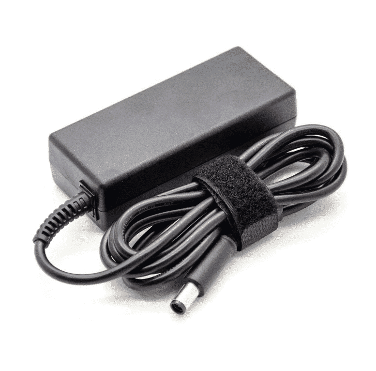 HP 65W Power adapter with 7.4mm x 5.0mm plug, shown from above with coiled black power cable and velcro cable tie