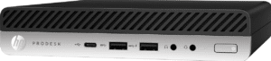 HP Prodesk 600 G3 Mini PC i3-7100T - 8GB - 256GB Nvme SSD - Windows 11, voorkant met USB-poorten en aan/uit-knop