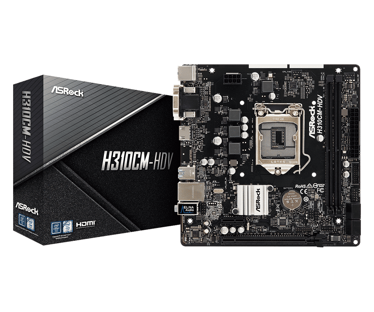 ASRock H310CM-HDV moederbord met verpakking, bovenaanzicht van PCB met LGA1151 socket en componenten