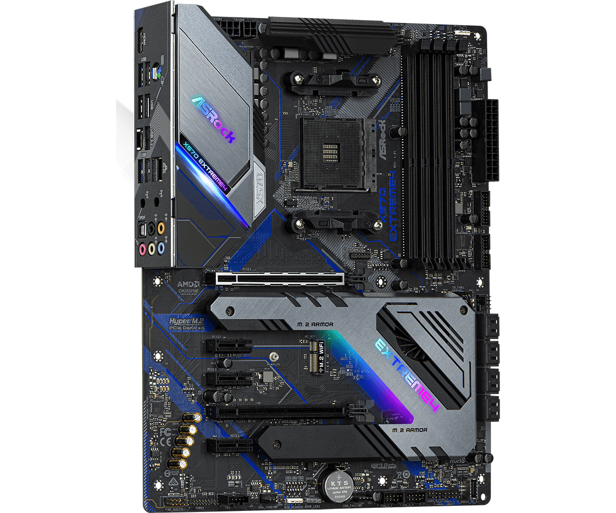 ASRock X570 Extreme4 AMD AM4 moederbord - bovenaanzicht met CPU-socket, RAM-slots, M.2 ARMOR-modules, PCIe-slots en blauwe designaccenten