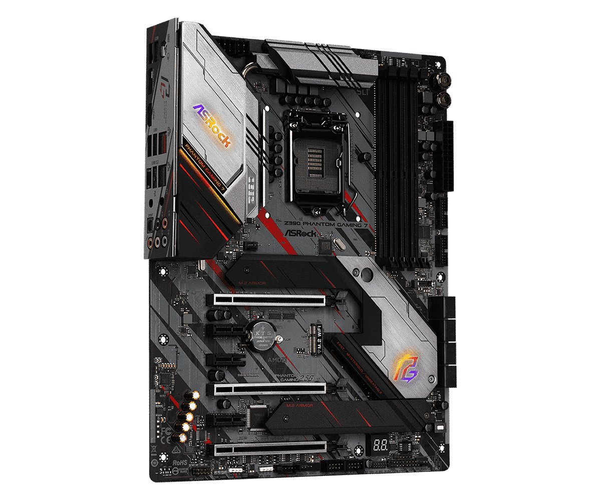ASRock Z390 Phantom Gaming 7 Socket 1151 motherboard front view showing CPU socket, RAM slots, expansion slots, and gaming-themed heatsink design with red accents and ASRock branding