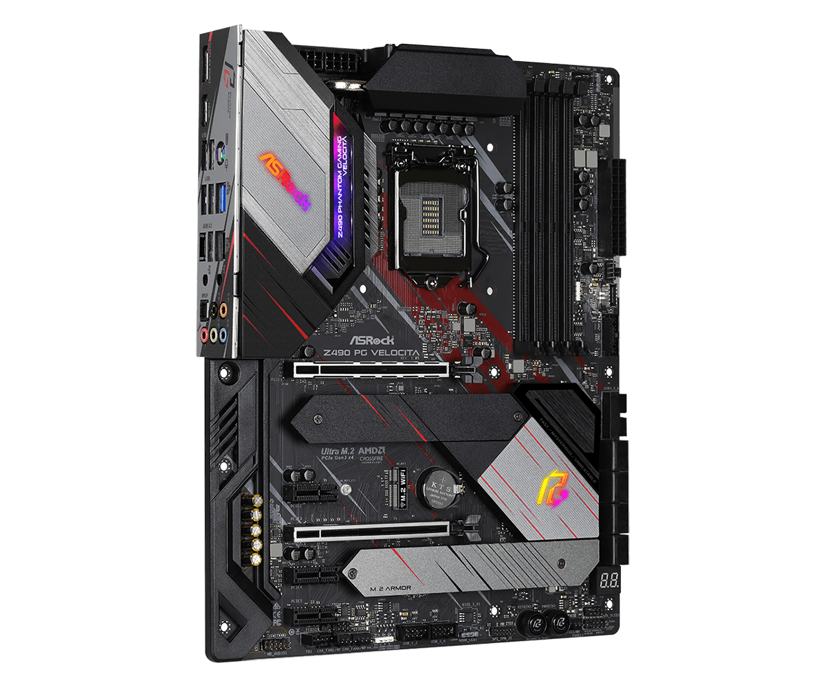 Asrock Z490 PG Velocita Moederbord - bovenaanzicht met zichtbare componentlay-out, CPU-socket, RAM-sleuven, M.2-slots en voedingsconnectoren