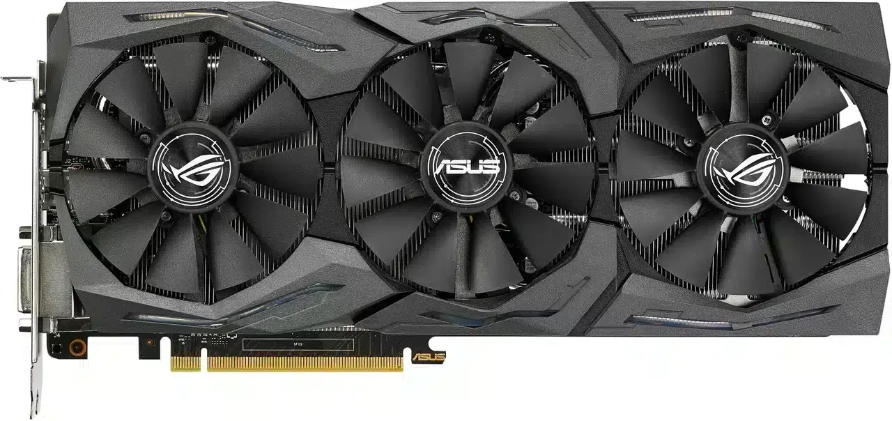 Asus ROG Strix GTX1070 8GB Gaming - voorkant met drie koelventilators en ROG-logo's