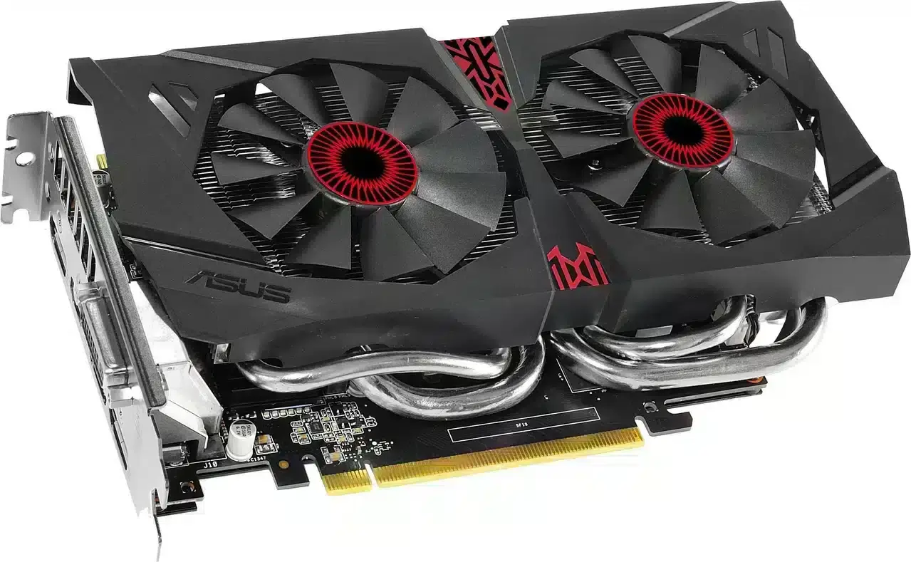 Asus Strix GTX960 DC20C 4GD5 grafische kaart met twee rode ventilators en zilveren koelbuizen, voorkant aanzicht