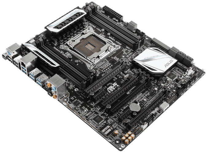 ASUS X99-A/ USB3.1 Socket 2011-3 Motherboard top view showing CPU socket, RAM slots, power connectors, and expansion slots