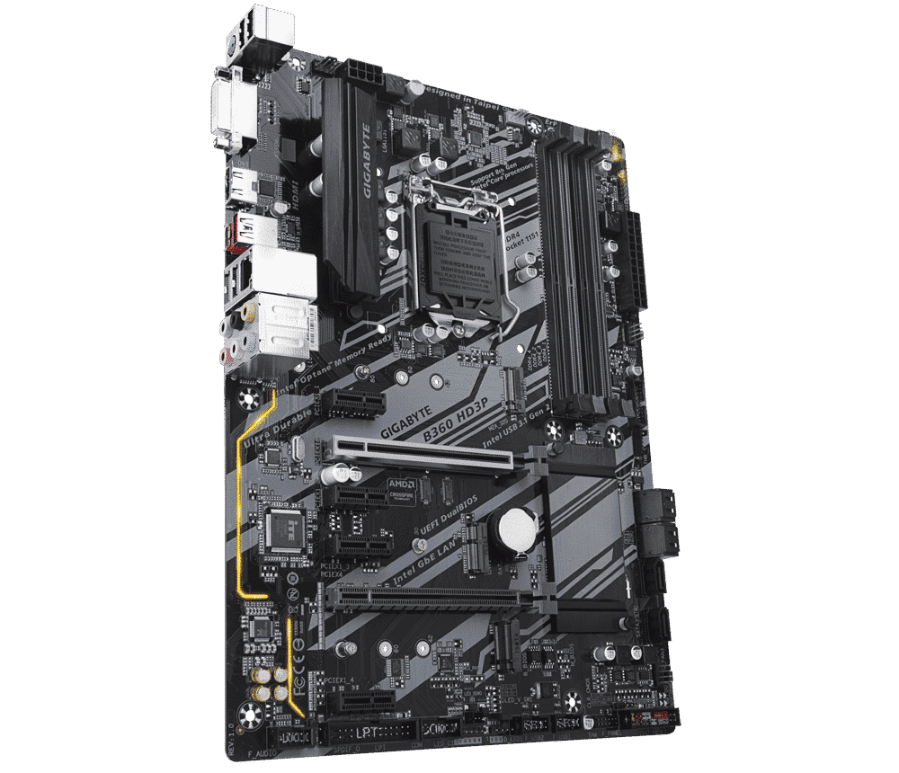 Gigabyte B360 HD3P LGA1151 Motherboard angled front view showing CPU socket, RAM slots, expansion slots, and rear I/O connectors