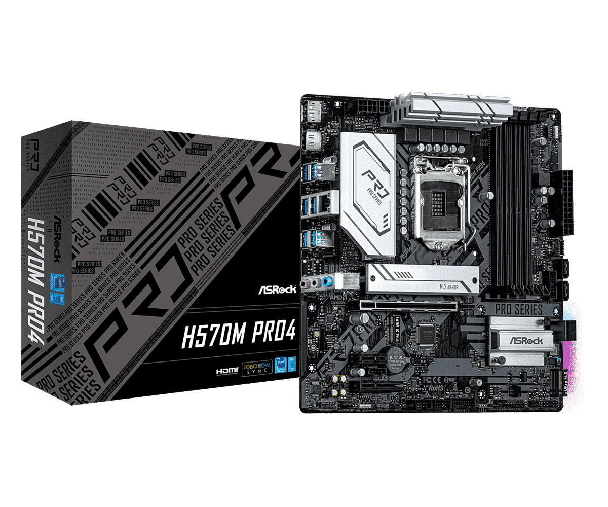 ASRock H570M Pro4 Socket 1200 motherboard shown with retail packaging box, displaying front view of the black micro-ATX PCB with LGA1200 socket, RAM slots, M.2 slot, and various connectors alongside its product packaging on the left.