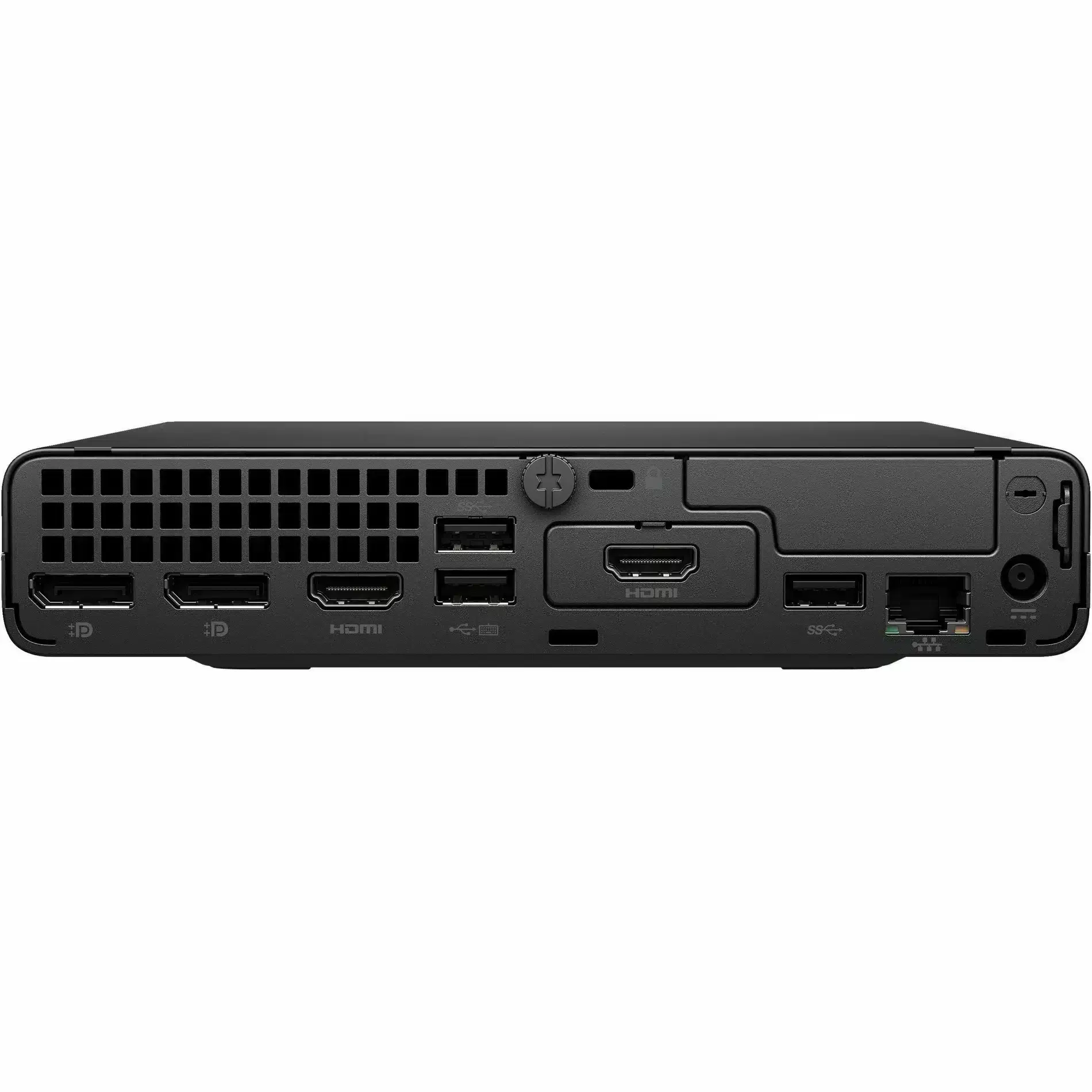 HP Elite Mini 800 G9 Mini PC rear view showing multiple DisplayPort and HDMI video outputs, USB ports, power connector, and ventilation grille