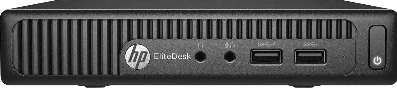 Front view of HP EliteDesk 705 G3 Mini PC showing ventilated chassis with power button on right side, two 3.5mm audio jacks, and two USB 3.0 ports